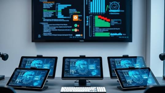 Futuristic 5-module training course displayed on tablets on a desk