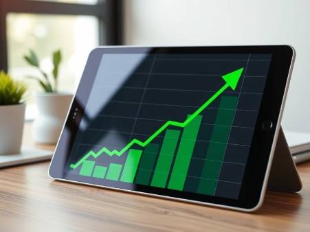 Modern design graph with green upward trend on a tablet, showcasing growth.