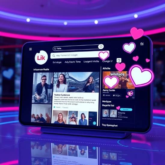 Futuristic influencer media site display with love boost icons and engaging content.