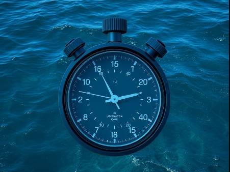 Blue ocean with an analog stopwatch timer overlay, symbolizing time and tranquility.